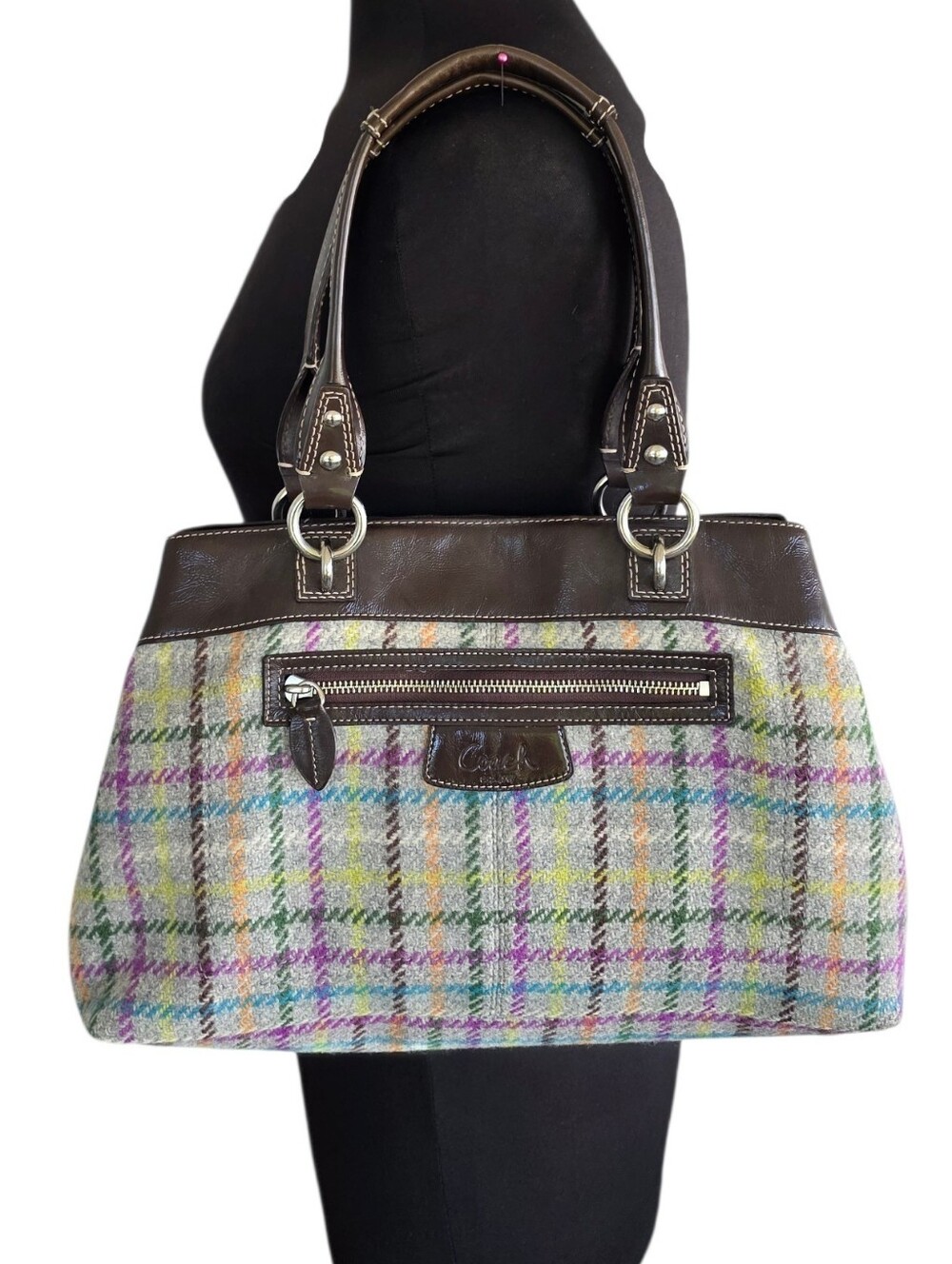 Coach Penelope Tattersall Wool Tweed Shoulder Bag Plaid Y2K Brown Preppy